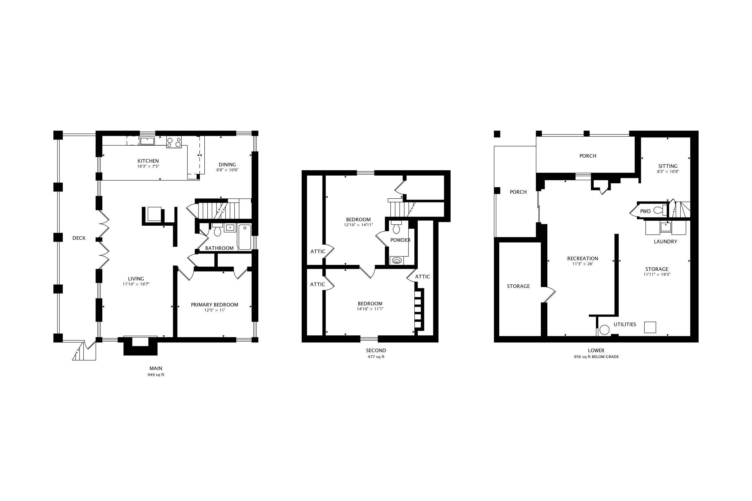 Floor plan for Emmet’s Place showing the main level, second floor, and lower level below grade